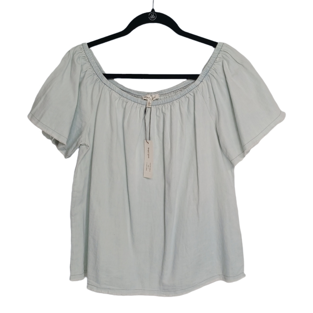 SPEED LIMIT MPH Off Shoulder Light Blue Chambray Denim Short Sleeve Top L NWT